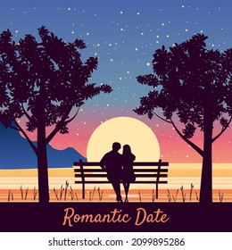 Romantic Date Couple lovers on bench in park, under trees. Sunset, night, stars. Vector Happy Valentines Day illustration, silhouette