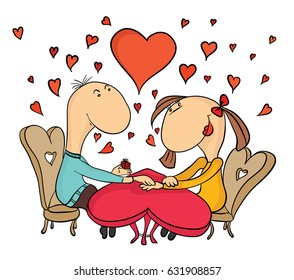 Una cita romántica, la pareja se sienta en la mesa. El hombre le da el regalo a su amado. Ilustración vectorial, aislada en blanco.
