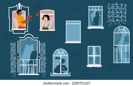 Romantic date of couple in windows on brick house facade. Flat vector illustration of young man confessing love to happy woman. Boyfriend presenting flowers to excited girlfriend. Valentine's day