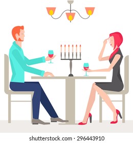 Romantic date, couples in love, in the restaurant with candles and wine. It can be used for advertising or design site design. Vector illustration
