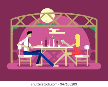 Romantic date design. Love couple, man and woman, relationship and moon, flat vector illustration