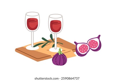 Romantic date dinner composition with two glasses of red wine and tropical fig fruit. Wineglasses of alcohol drink with exotic fresh snack, food. Flat isolated vector illustration on white background