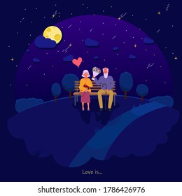 Romantic date of an elderly couple. Night grandma and grandpa have a rest in the park. A balloon in the shape of a heart. A date and a bouquet of flowers.