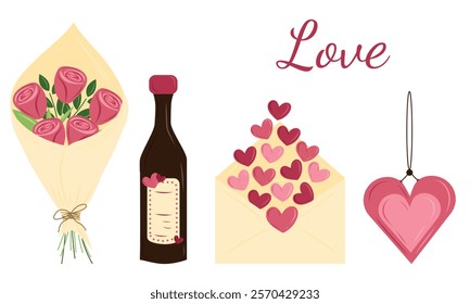 Romantic date equipment. Happy Valentines day celebration. Bouquet of rose flowers, wine bottle, love letter with hearts, and heart shape pendant necklace. Hand drawn vector flat illustration