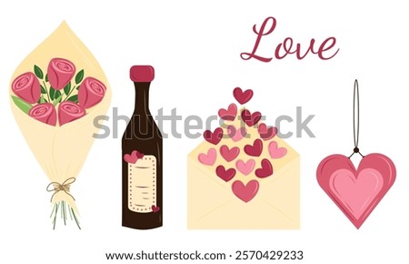 Romantic date equipment. Happy Valentines day celebration. Bouquet of rose flowers, wine bottle, love letter with hearts, and heart shape pendant necklace. Hand drawn vector flat illustration