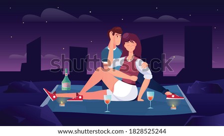 Romantic date flat composition with outdoor night cityscape scenery starry sky and drinking couple on carpet vector illustration