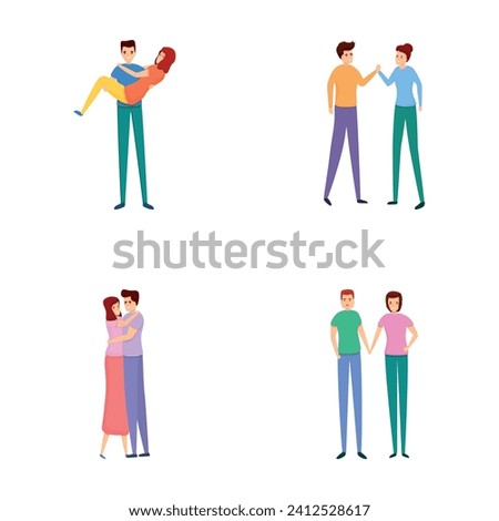 Romantic date icons set cartoon vector. Men and women in romantic relationship. Romance, family