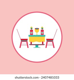 Romantic date illustration. Dinner by candlelight flat line icon. Valentines day celebration sign.