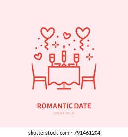 Romantic date illustration. Dinner by candlelight flat line icon, jewellery store logo. Valentines day celebration sign.