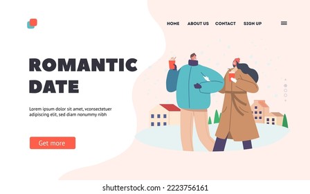 Plantilla de página de inicio de fecha romántica. Personajes masculinos y femeninos jóvenes con ropa cálida que disfrutan de bebidas de invierno. La gente camina en la temporada de invierno, en la época de Navidad. Ilustración del vector de dibujos animados