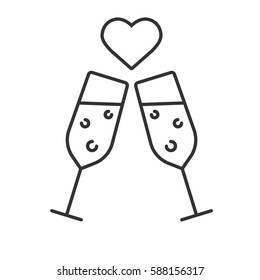Romantic date linear icon. Thin line illustration. Toasting champagne glasses with heart shape above. Contour symbol. Vector isolated outline drawing