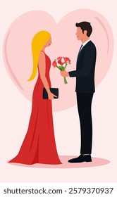 A romantic date. A man with a bouquet of flowers and a woman in a red dress.