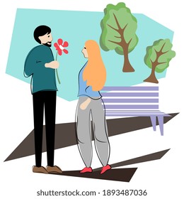 Romantic date man and woman. Love of young people. Meeting happy couple. Man gives flowers to a woman. Flat cartoon vector illustration.
