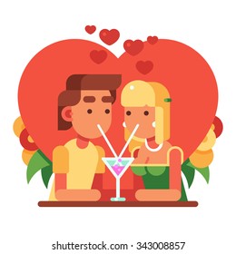 Romantic date. Man and woman in love. Two enamored people drinking a cocktail. Vector flat illustration.