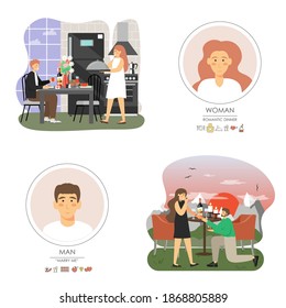 Romantic date and marriage proposal scene set, flat vector illustration. Man kneeling making marriage proposal to woman in restaurant. Happy couple having romantic dinner at home. Love and romance
