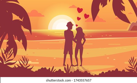 Romantic date, meeting at sunset. Lovers on the seashore watching the sunset. Honeymoon. Tropical nature.