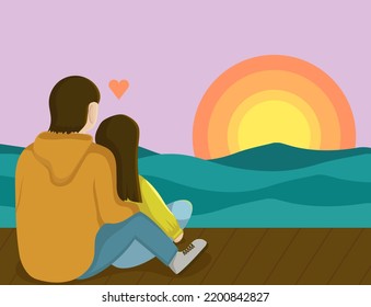 Una cita romántica, reuniéndose al atardecer. Amantes en el muelle viendo la puesta de sol. Luna de miel. La pareja de citas enamoradas.