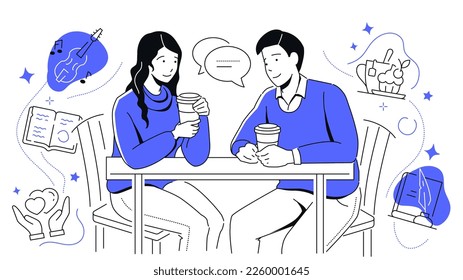 Romantic date - modern colorful line design style illustration on white background. A composition with a happy couple, boy and girl drinking coffee in the cafe, talking. Love and relationship idea