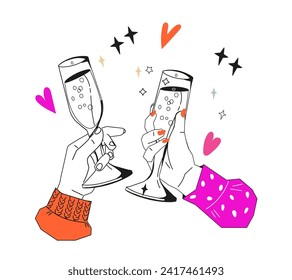 Romantic date, romantic moment of Valentine's Day, champagne toast of two loving people. Hands of a loving couple, man and woman clinking glasses, vector illustration isolated on white.