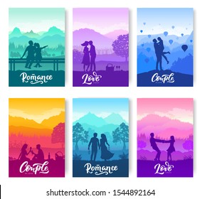 Romantic date in nature brochure cards set. A couple of young people have fun together. Template of flyer, magazines, poster, books, banners. Romantic picnic in the evening sunset cover layout page