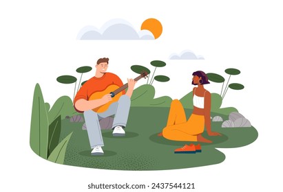 Romantic date at nature. Man with guitar and woman in sports clothes. Young guy with musical instrument and girl. Love and romance. Cartoon flat vector illustration isolated on white background