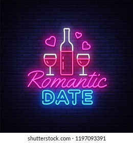 Romantic Date Neon Sign Vector Design Template. Romantic Dinner Neon Logo, Light Banner Design Element Colorful Modern Design Trend, Night Bright Advertising, Bright Sign. Vector Illustration