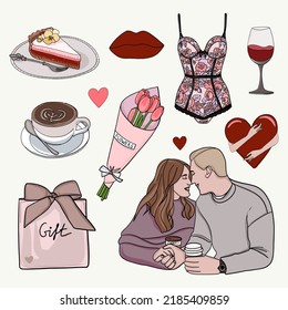 Romantic Date Night Couple Vector Graphics Set With Flower Bouquet, Hearts, Gift, Wine Glass, Coffee, Lingerie And Lips. Hand Drawn. Cartoon Style.