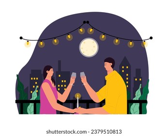Romantic date at night, drinking together celebrating an anniversary, nightlife vector illustration.
