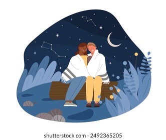 Romantic date at night. Man and woman sit on log and look at stars. Love and romance. Happy couple relaxing in forest. Pair at nature. Flat vector illustration isolated on white background