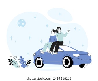 Romantic date at night. Man and woman sit on roof of car and look at stars. Meeting in park at evening. Love and romance. Couple and pair. Linear vector illustration isolated on white background