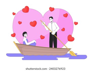 Romantic date night on lake 2D linear illustration concept. Asian young couple sweetheart cartoon characters isolated on white. Gondola paddle metaphor abstract flat vector outline graphic
