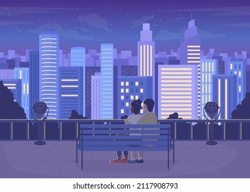 Romantic Date Night On Rooftop Flat Color Vector Illustration. Star-observing Spot. Spending Time With Beloved Under Stars. Couple Embracing 2D Simple Cartoon Characters With Townscape On Background