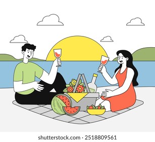 Data romântica na praia. Homem e mulher com vinho sentados perto da cesta com frutas. Amor e romance. Casal passando o tempo juntos ao ar livre. Ilustração de vetor linear isolada no plano de fundo branco
