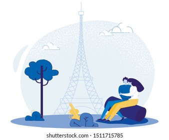 Romantic Date on Eiffel Tower Silhouette Backdrop. Loving Couple, Young Man and Woman Cartoon Characters Dating in Paris. Europe Trip, Wedding Voyage. Honeymoon Celebration. Flat Vector Illustration.