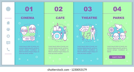 Romantic date onboarding mobile web pages vector template. Cinema, cafe, theatre, park date. Romantic relationships. Responsive smartphone website interface concept. Webpage walkthrough step screens