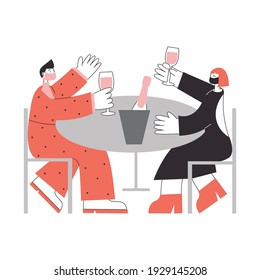 Romantic date in pandemic wearing protective mask concept. Man and woman in restaurant drink wine in facial mask isolated vector flat illustration. Love and family life during covid-19 coronavirus.