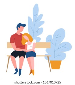 Romantic date in park couple hugging on bench, love vector isolated male and female characters man and woman cuddling boyfriend and girlfriend relationship outdoor pastime summer or spring bushes.