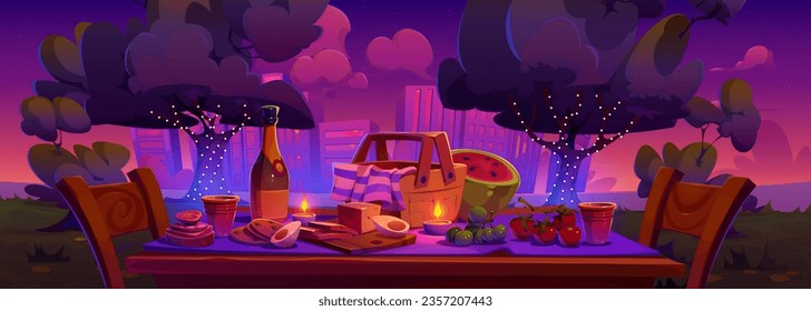 Romantic date or picnic evening in city park. Cartoon table with snacks and fruits, bottle of wine, wicker basket and candles in garden with multistory building cityscape. Night outside rest.