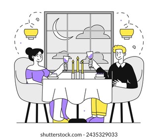 Romantic date in restaurant doodle. Man and woman with galsses with wine. Happy couple in cafe. Young guy and girl in love. Simple flat vector illustration isolated on white background