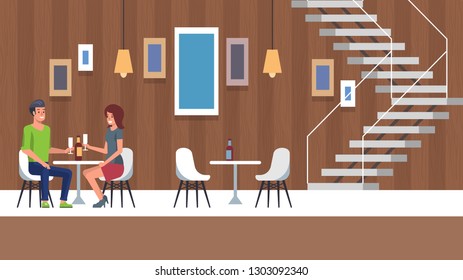 Romantic Date at Restaurant Interior Place. Two People in Love Relatioship Sitting and Talking after Engagement. Beauty Girl with Boyfriend Flirting at Indoor Hotel Cafe. Happy Dating Illustration.