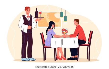 Romantic date in restaurant. Man and woman sitting at table with bouquet. Love and romance. Romantic meeting in cafe. Waiter with bottle of wine. Flat vector illustration