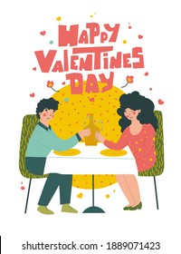 Romantic date in restaurant on Valentine's Day. Cartoon people vector illustration.