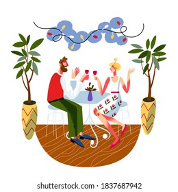 Romantic date in restaurant vector illustration. Married couple, husband and wife drinking wine. Celebrating holiday, wedding anniversary. Romance, luxury dinner for two banner, flyer design element