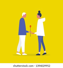 Romantic date. Saint valentines day. A couple of young adults holding a red rose. Love. Flat editable vector illustration, clip art