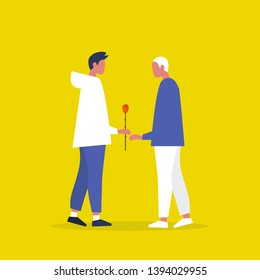 Romantic date. Saint valentines day. A couple of young gay males holding a red rose. Love. Flat editable vector illustration, clip art