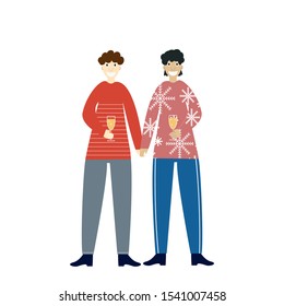 Romantic date. Saint valentines day. Christmas. A couple of young gay males. Love. Flat editable vector illustration, clip art, a glass of champagne.