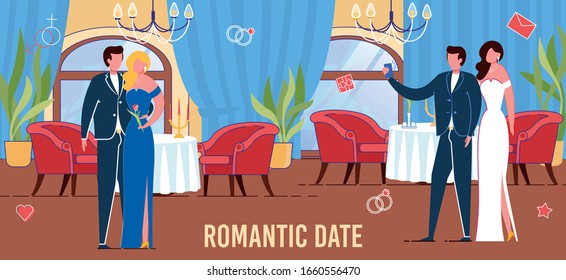 Romantic Date Scene with Men and Women Cartoon Characters Beautifully Elegant Dressed for Dinner for Two in Restaurant. Couples Celebrating Valentines Day or Solemn Date. Flat Vector Illustration.