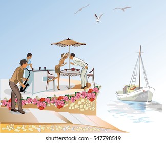  A romantic date in the seaside cafe. Street musician.