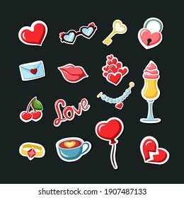 Romantic date stickers set. Fashionable Valentines Day decoration with heart and key passionate red kiss and balloon with precious necklace wedding invitation amorous party. Vector romance.