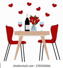 Romantic date. Table wine glasses, bouquet of roses. Lover. Romance. Summer. Evening for two. Vector stock illustration of dinner at home. Postcard, t-shirt print. Restaurant menu, coffee shop.